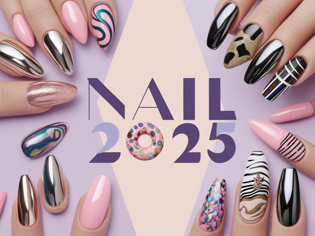 Collage of 2025 nail trends with chrome nails, glazed donut nails, abstract swirls, pastel French tips, jewel tones, and minimalist designs on various nail shapes with a soft pastel background.