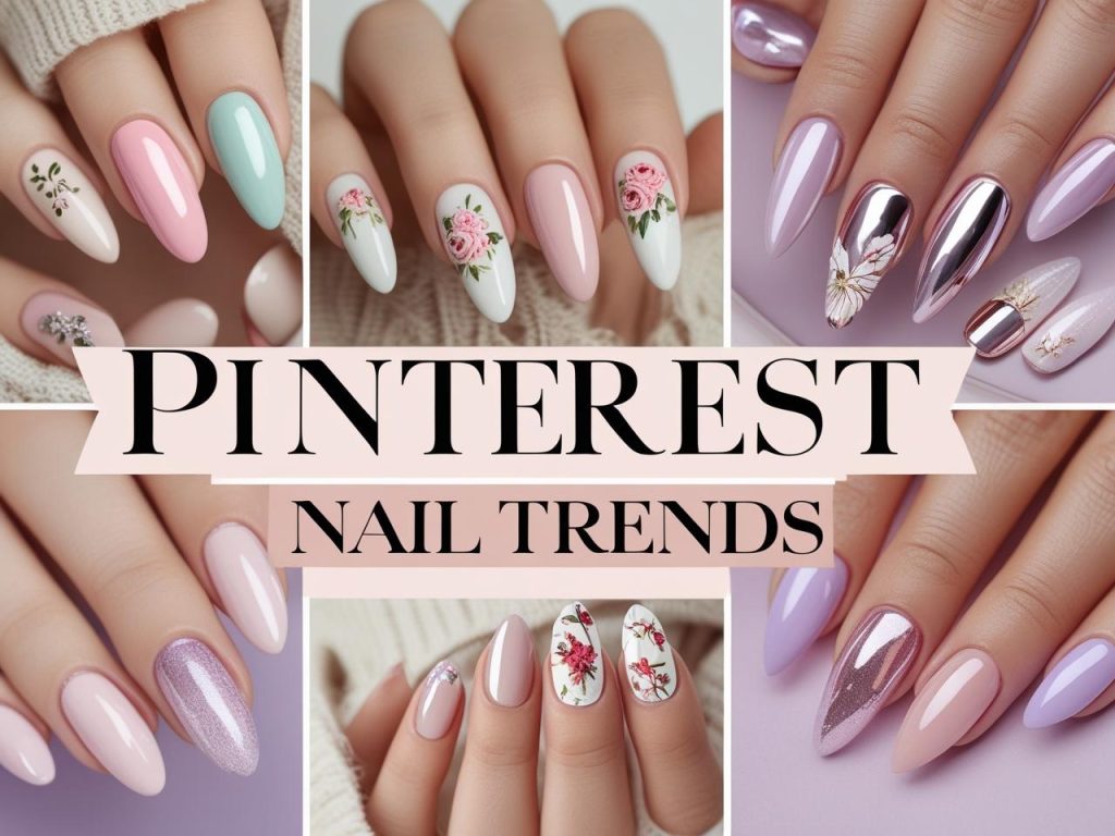 Aesthetic collage of Pinterest nail trends featuring pastel French tips, minimalist neutrals, floral designs, chrome glazed nails, and ombré styles on short and long nails with a soft pastel background.