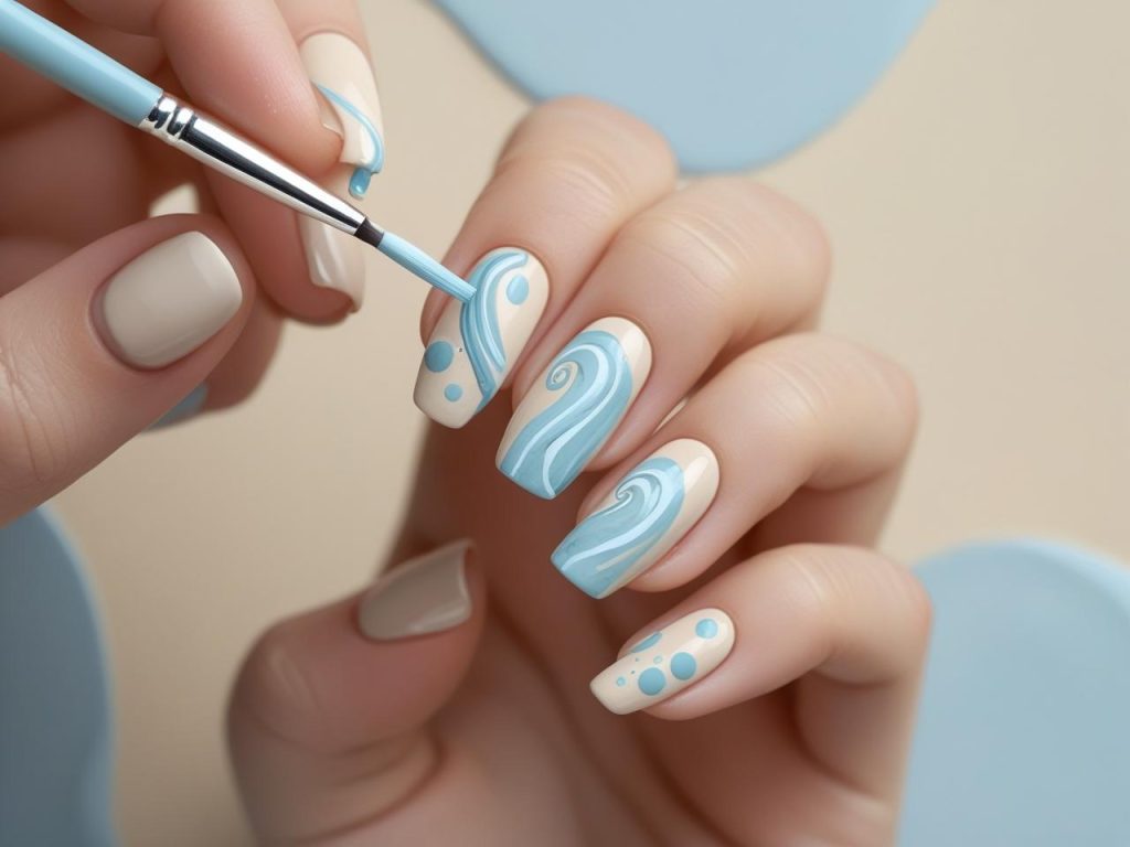 Creating abstract nail trends 2026 with pastel blue swirls