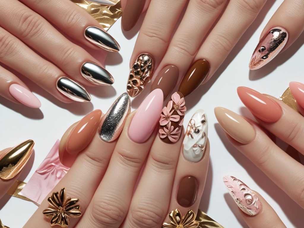 2025 nail trends with chrome, soap, mocha mousse, and 3D floral designs for inspiration