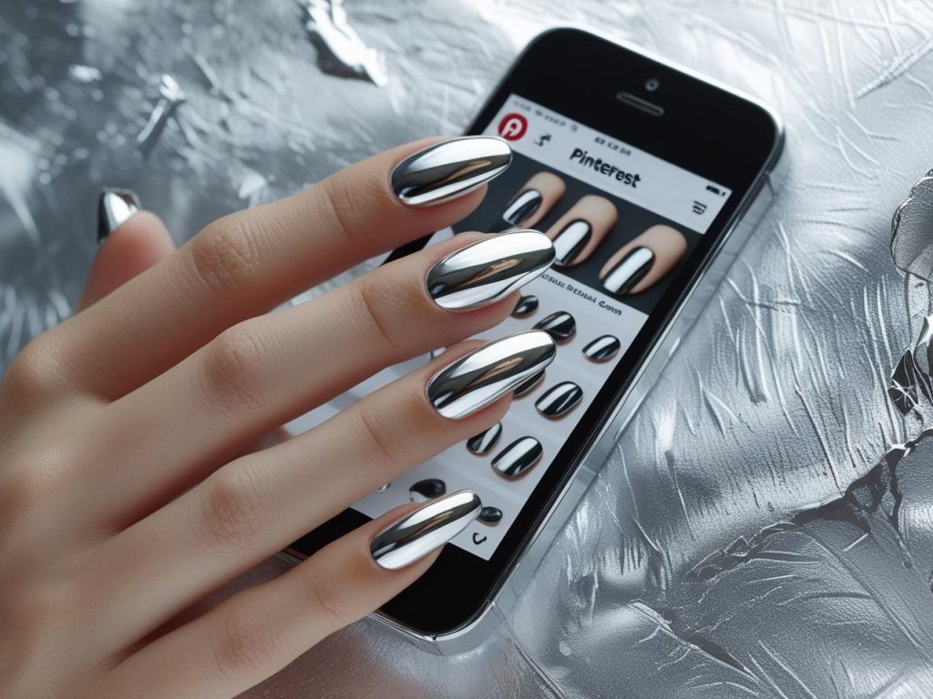 “Silver chrome round nails on a Pinterest board, showcasing 2025 metallic nail trends