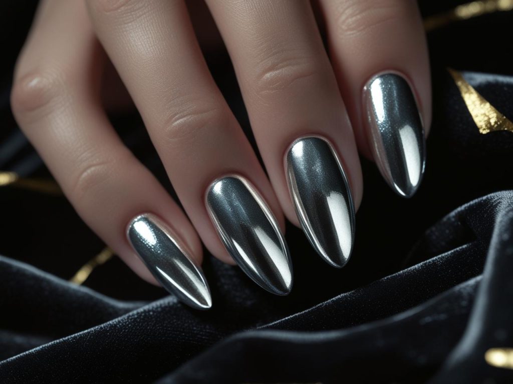 Chrome mirror nail trends 2025 with metallic silver polish.