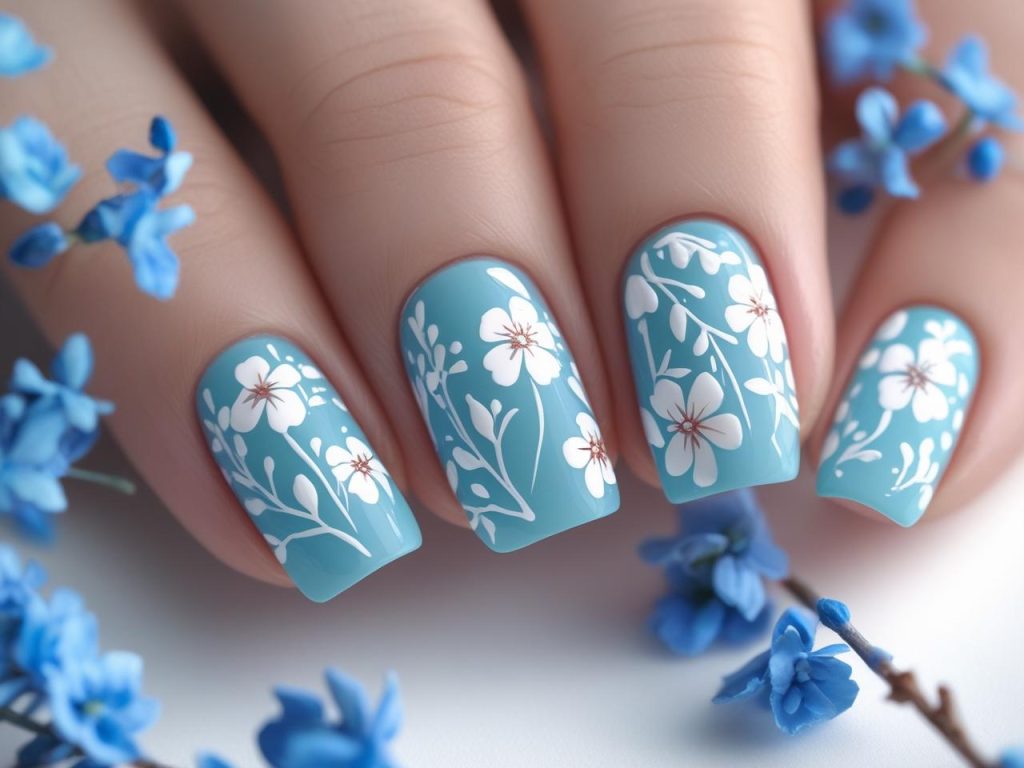 Blue floral nail designs with white flowers for 2025