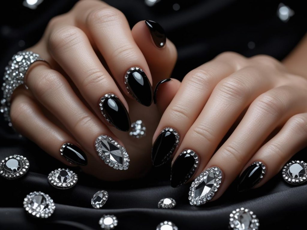 Black Nail Designs 2025: Bold and Edgy Trends for Stunning Manicures 12 “Black gemstone nail designs with clear gems for 2025.”