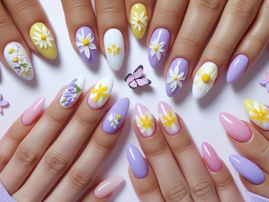 Spring nail inspo with classic floral, butterfly accent, pastel daisy, and ombre petal designs for Pinterest inspiration