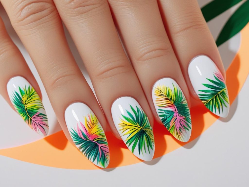 Summer Nail Inspo: Bold and Beautiful Trends for Stunning Manicures 10 Tropical print summer nail inspo designs with palm leaf accents.