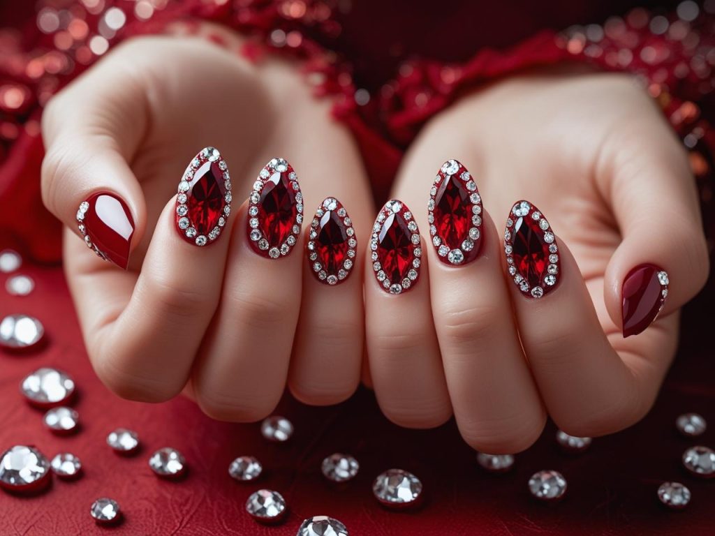 Red Nail Designs 2025: Bold and Timeless Trends for Stunning Manicures 12 “Red gemstone nail designs with clear gems for 2025.”