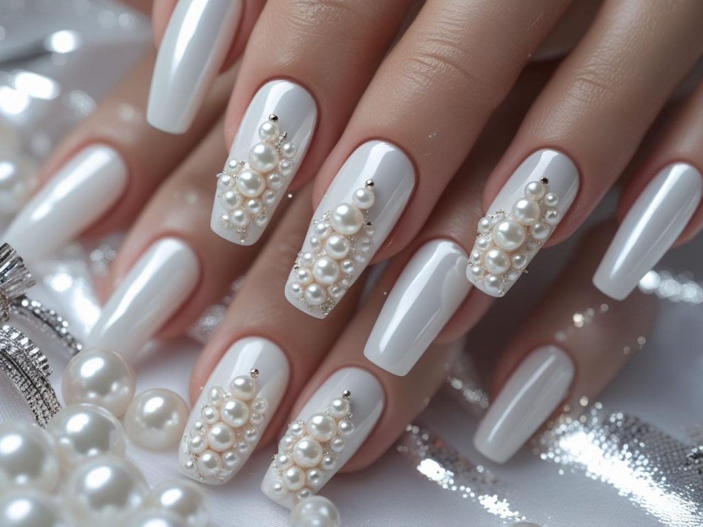 White Nail Designs 2025: Elegant and Timeless Trends for Stunning Manicures 10 White pearl nail designs with shimmering embellishments for 2025