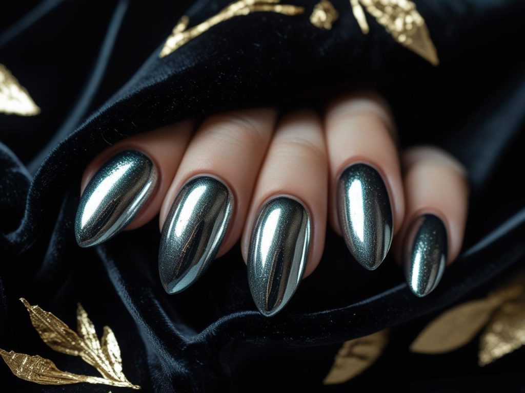 Chrome mirror Pinterest nail trends 2025 with metallic silver polish