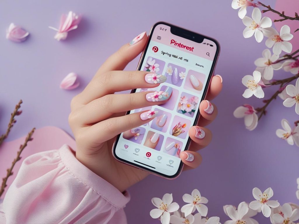 Classic floral spring nail inspo with white flowers on a Pinterest board, showcasing floral nail trends