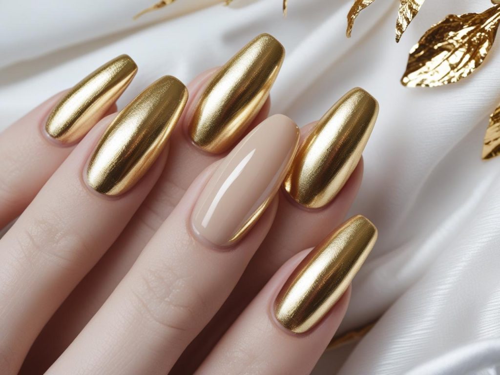 Metallic French tip nail designs with gold tips for 2025.”