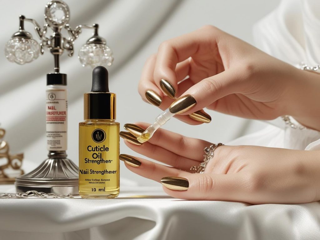 “Applying cuticle oil for flawless metallic nails in 2025.”