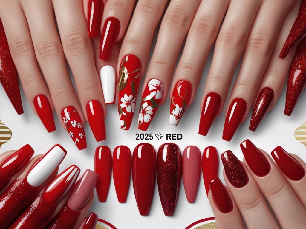 Red Nail Designs 2025: Bold and Timeless Trends for Stunning Manicures 2 “2025 red nail designs with classic gloss, floral, French tip, and glitter effects for Pinterest inspiration.”