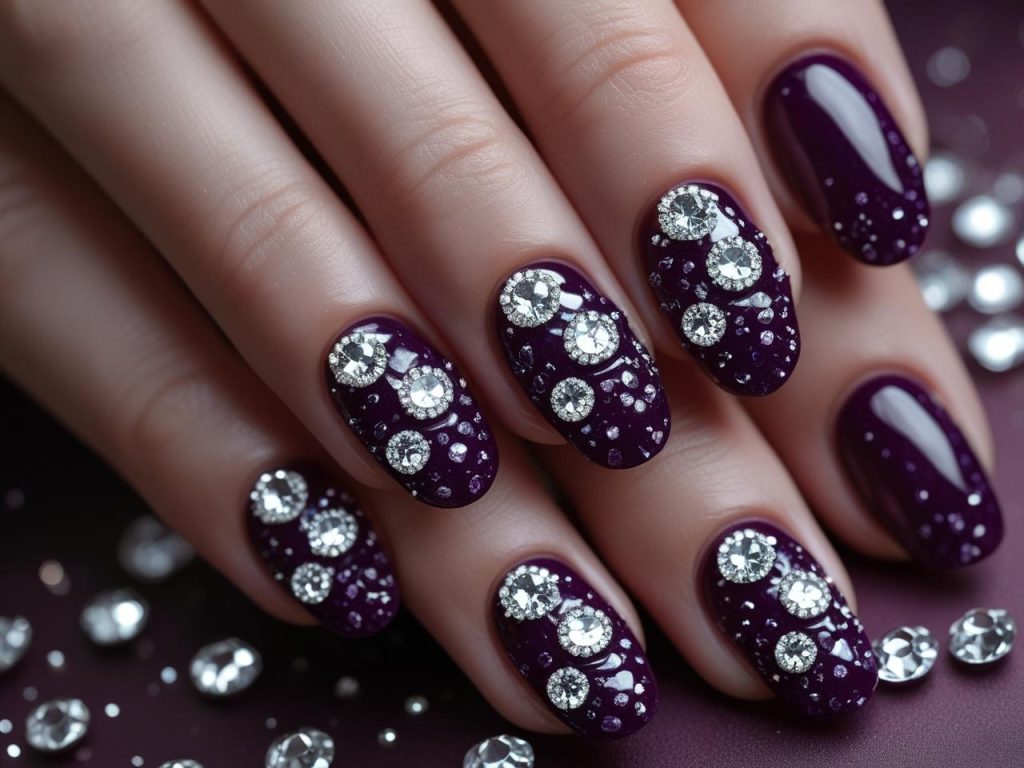 Purple Nail Designs 2025: Vibrant and Regal Trends for Stunning Manicures 12 “Purple gemstone nail designs with clear gems for 2025.”