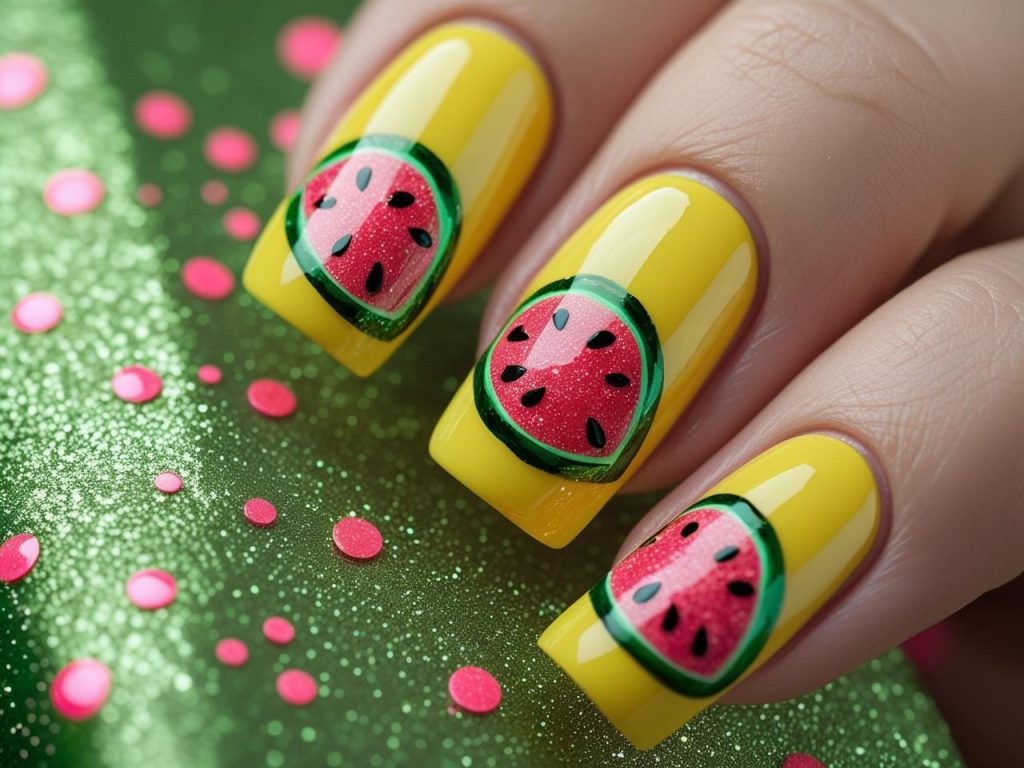 Cute Summer Nails: Playful and Chic Trends for Stunning Manicures 8 Glitter fruit cute summer nail designs with watermelon accents