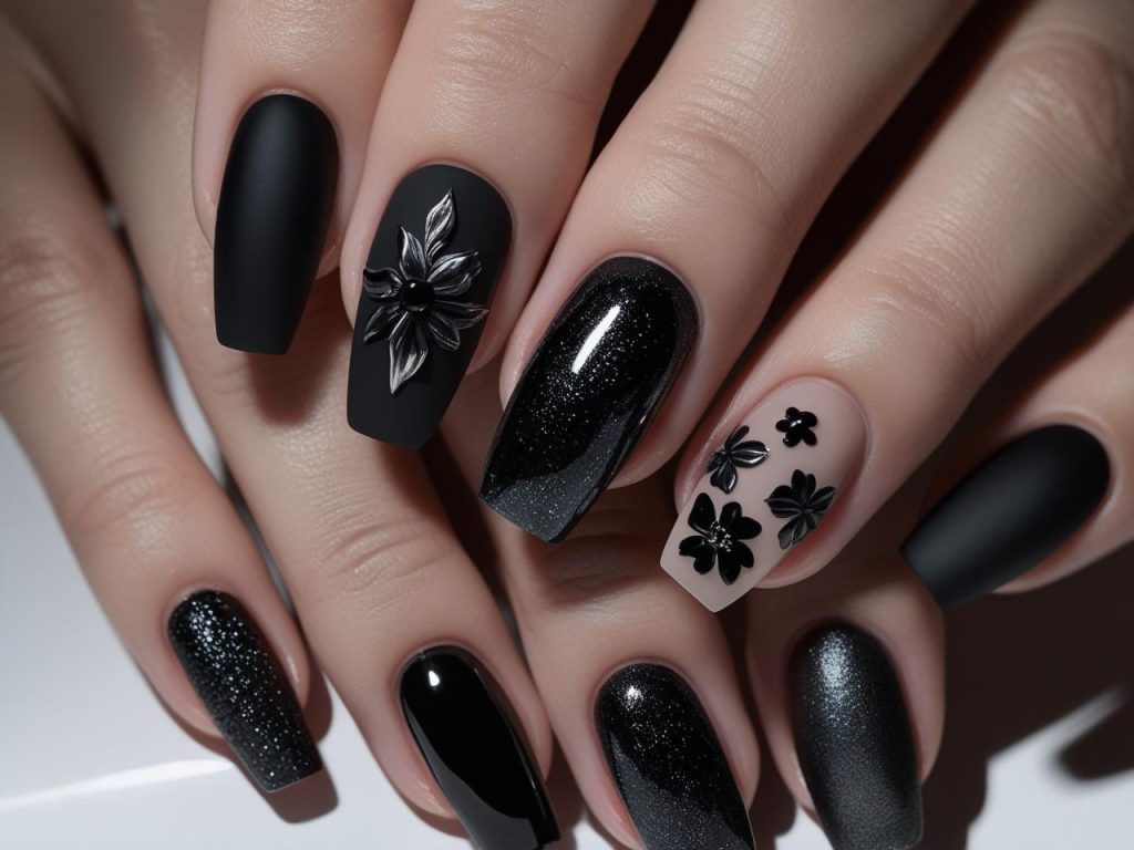 Black Nail Designs 2025: Bold and Edgy Trends for Stunning Manicures 2 “2025 black nail designs with matte, glitter, French tip, and floral effects for Pinterest inspiration.”