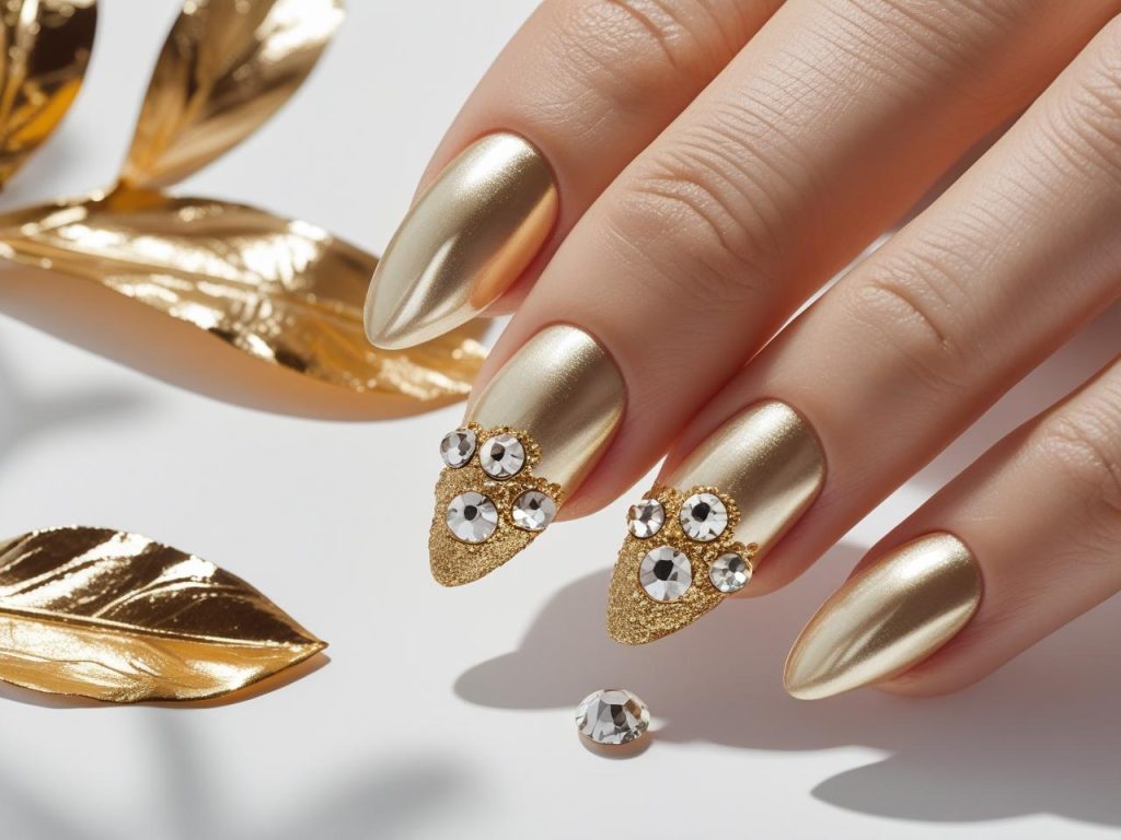 “Creating gold gemstone nail designs for 2025 inspiration.”
