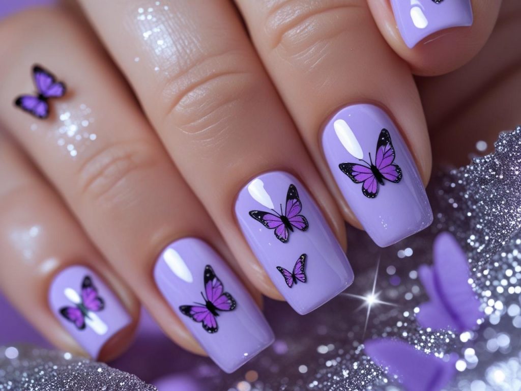 Butterfly accent spring nail inspo designs with lavender polish and butterfly decals