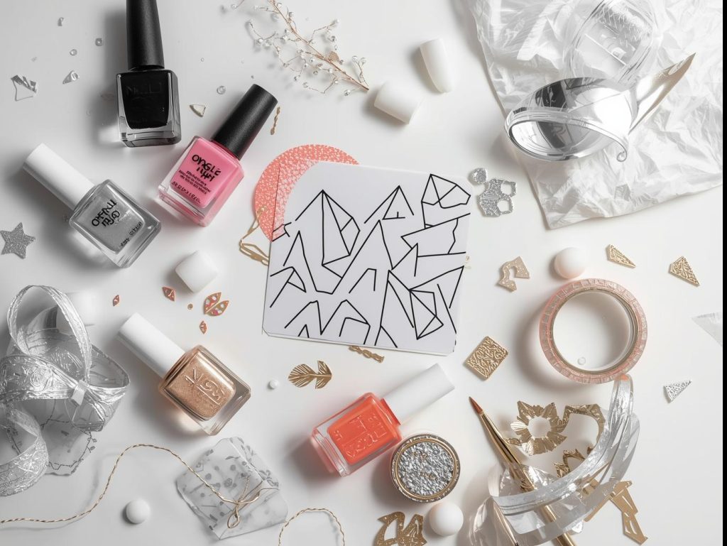 Nail art kit with polish and tools for negative space nail designs.