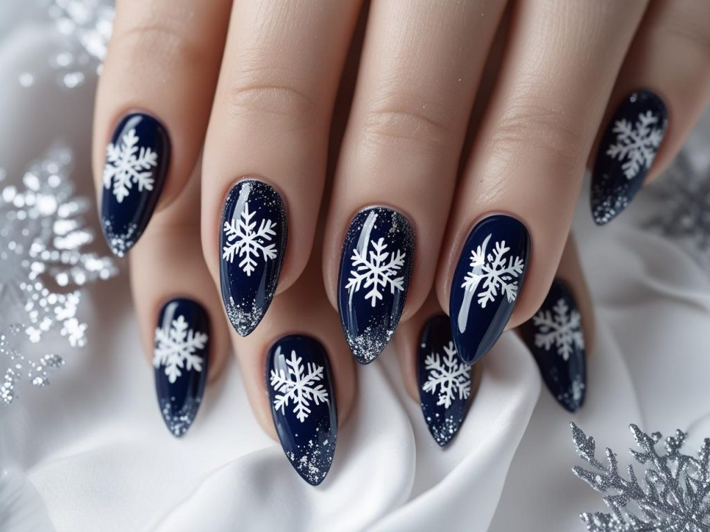 Winter Nail Inspo: Cozy and Glamorous Trends for Stunning Manicures 5 “Classic snowflake winter nail inspo designs with white snowflakes on navy.”