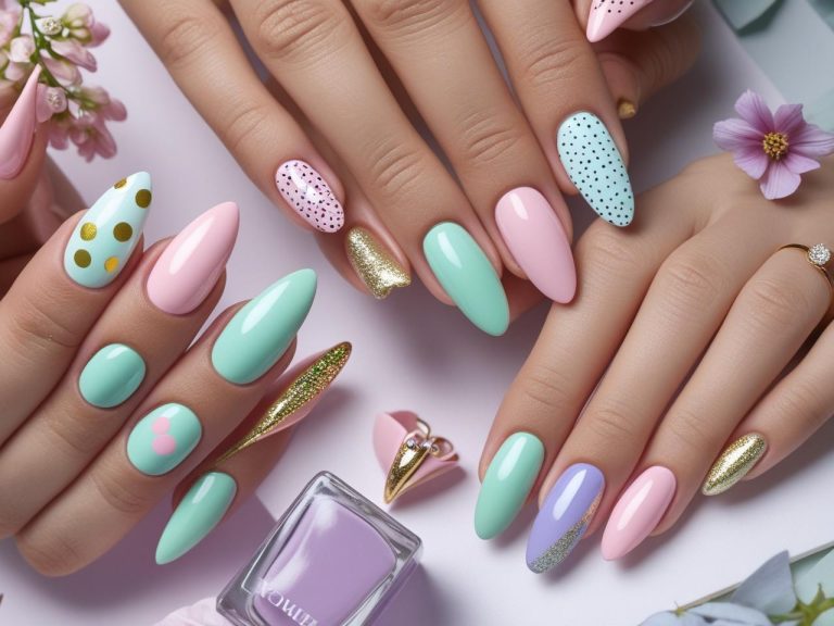Bright and colorful image featuring easy nail designs like polka dots, French tips, glitter accents, and minimal line art, displayed on almond, square, and round nails.