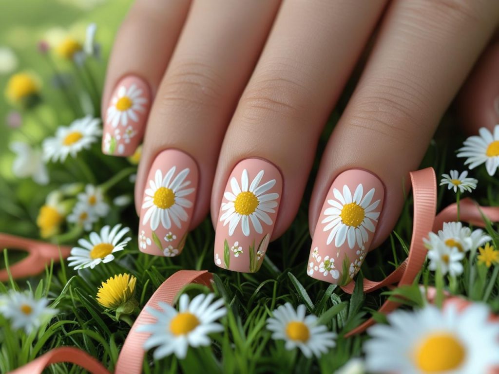 Viral Nail Designs: Bold and Shareable Manicures for Every Style 9 Floral Pinterest nail trends with hand-painted daisies