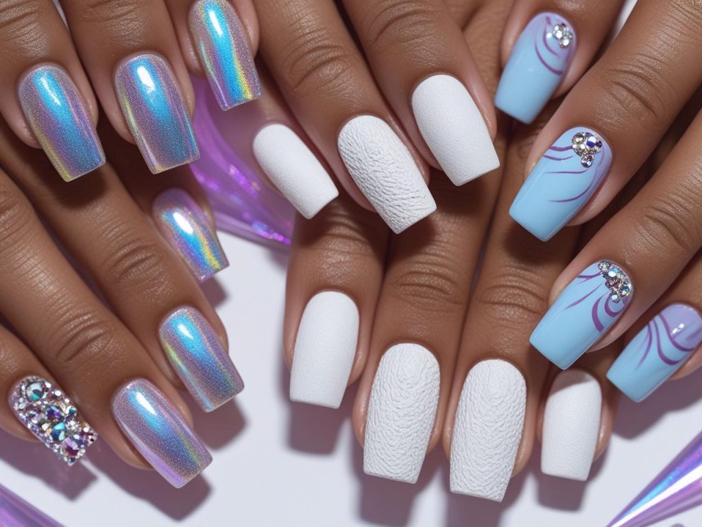 Top 2026 nail trends featuring holographic, textured, abstract, and gemstone designs for Pinterest inspiration