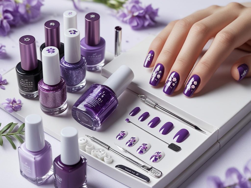 Purple Nail Designs 2025: Vibrant and Regal Trends for Stunning Manicures 16 “Nail art kit with purple polish and tools for 2025 purple nail designs.”