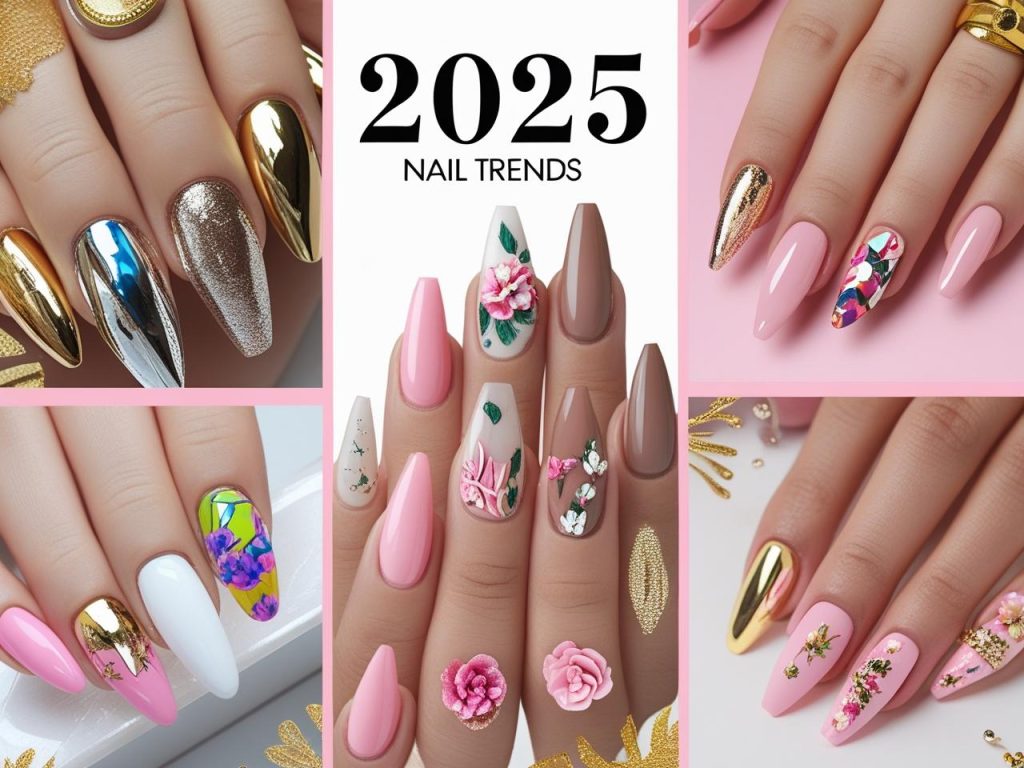 Top 2025 nail trends featuring chrome, soap, mocha mousse, and 3D floral designs for inspiration