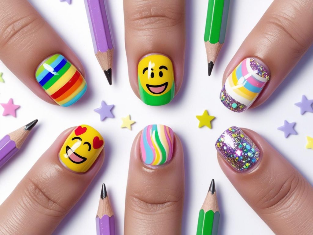 Top 6th grade nail trends featuring rainbow dots, emojis, pastel swirls, and glitter stars for Pinterest inspiration