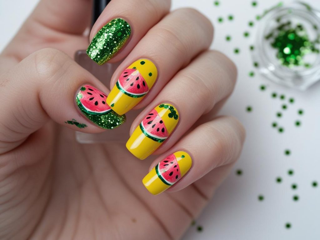 Cute Summer Nails: Playful and Chic Trends for Stunning Manicures 7 Creating glitter fruit cute summer nail designs for inspiration