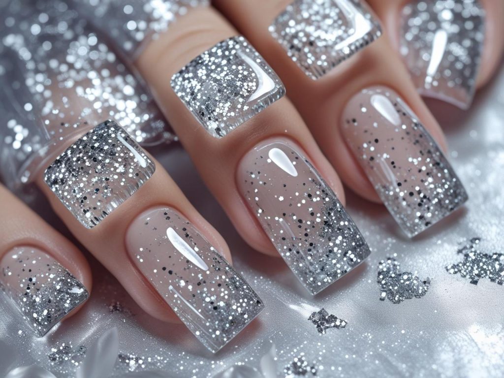 Jelly Nails 2025: Vibrant Translucent Trends for Stunning Manicures 6 Glitter jelly nail designs with silver sparkle for 2025.