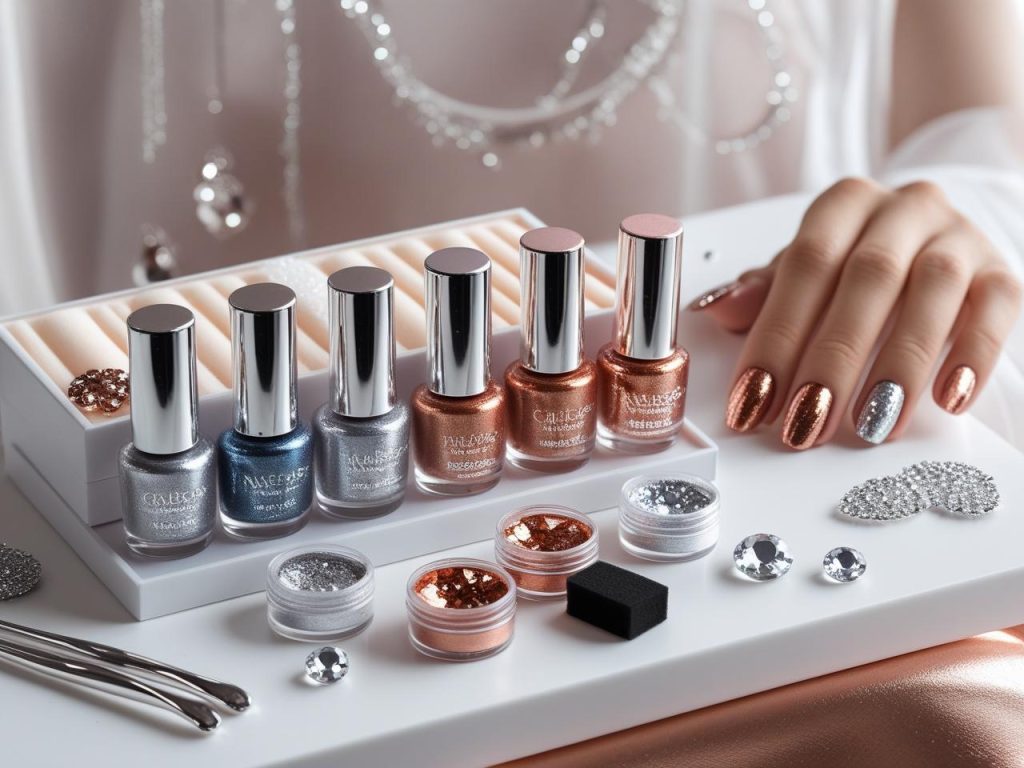 “Nail art kit with metallic polish and tools for 2025 metallic nail designs.”