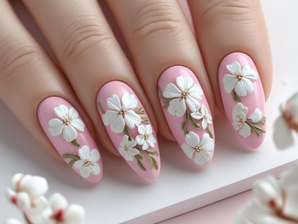 Classic floral spring nail inspo designs with white flowers on pastel pink