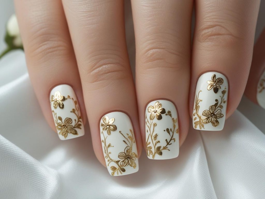 White Nail Designs 2025: Elegant and Timeless Trends for Stunning Manicures 6 White floral nail designs with gold flowers for 2025