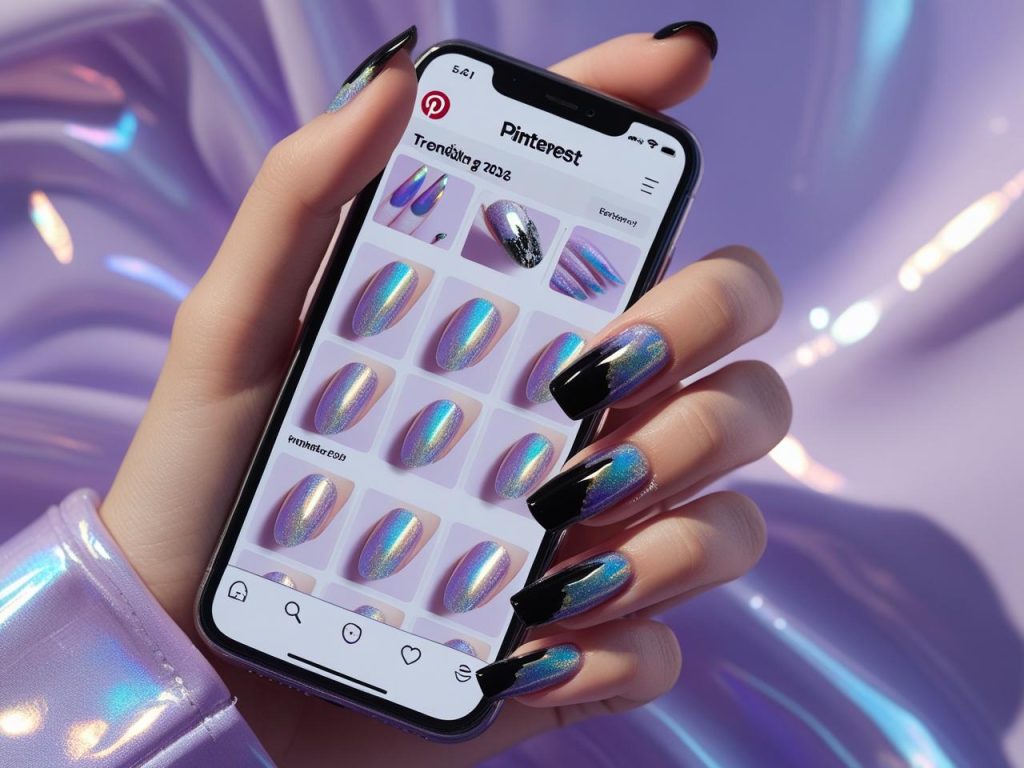 Holographic nail trends 2026 with an iridescent finish on a Pinterest board