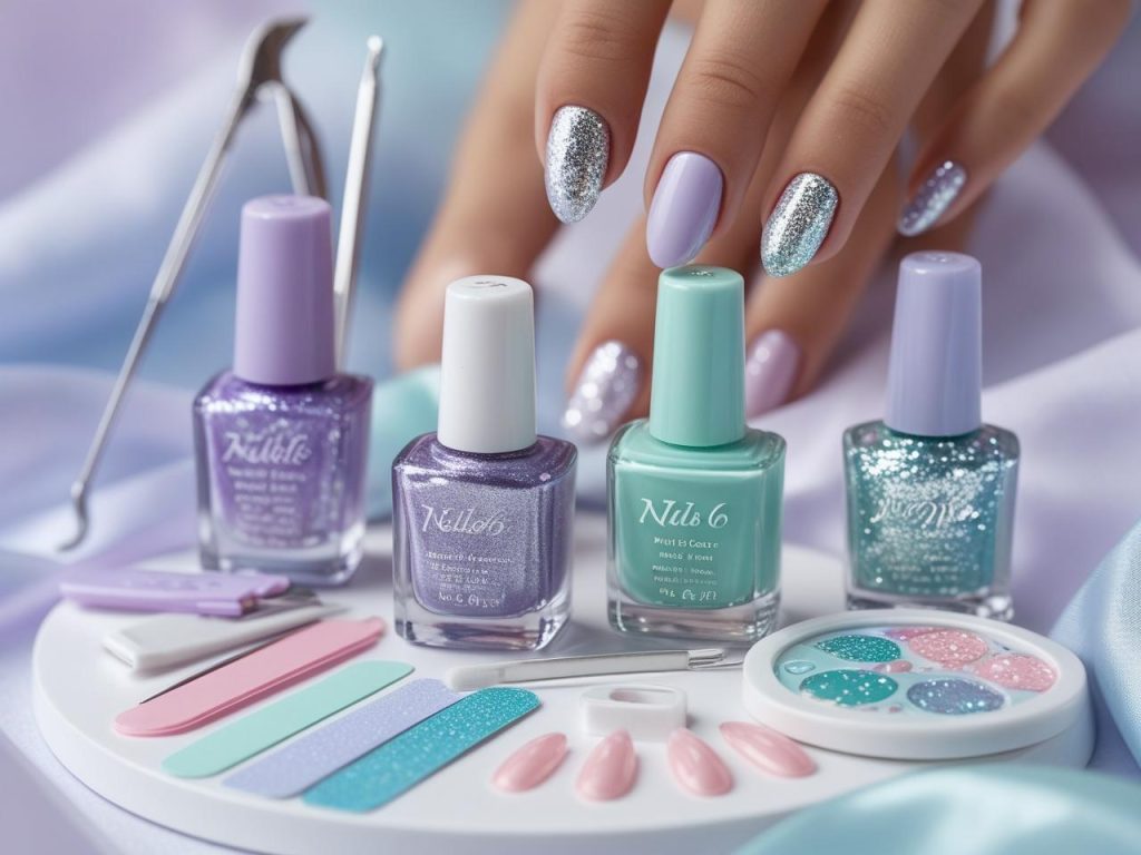 “Nail art kit with polish and tools for 2025 pastel summer nail designs.”
