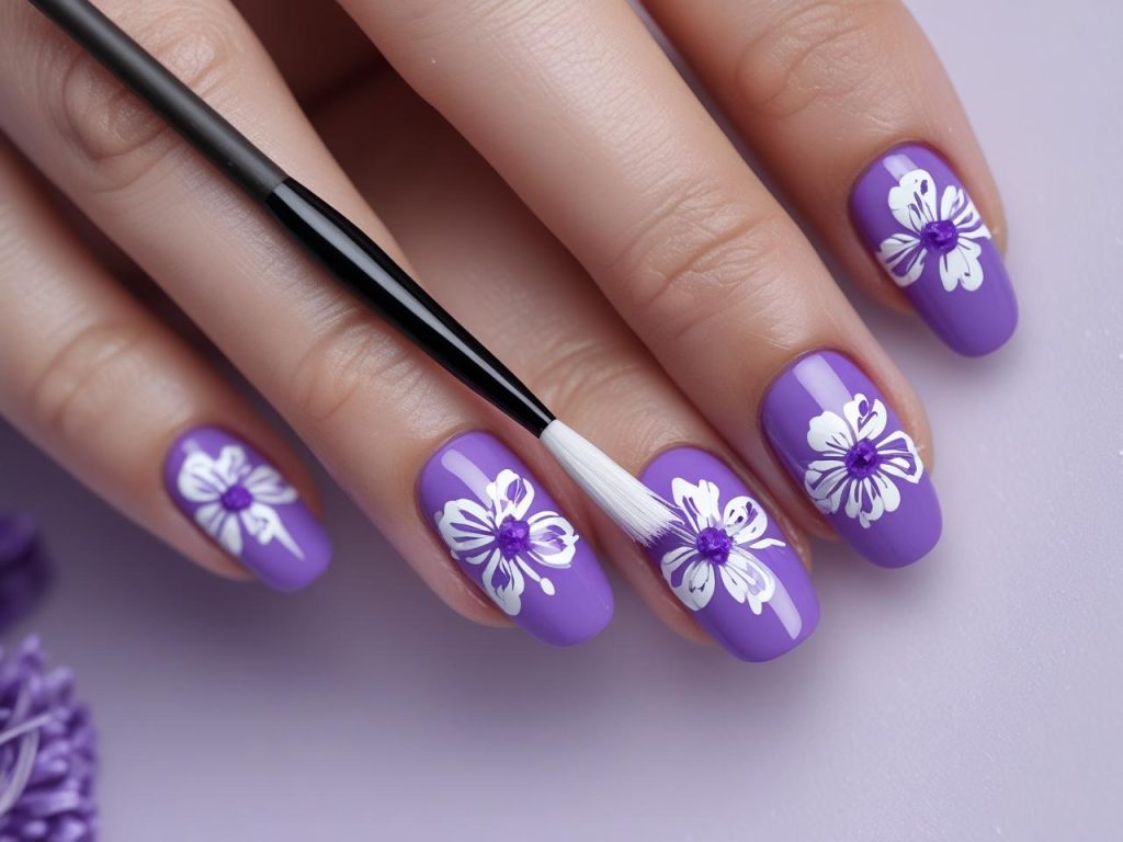 Purple Nail Designs 2025: Vibrant and Regal Trends for Stunning Manicures 11 “Creating purple floral nail designs for 2025 inspiration.”