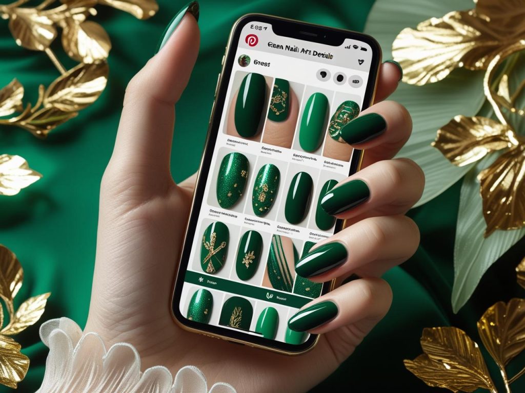 “Emerald gloss round nails on a Pinterest board, showcasing 2025 green nail trends.”