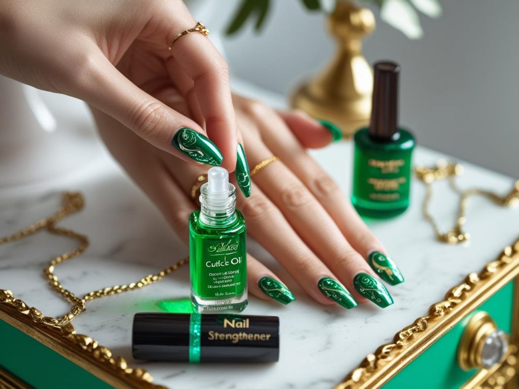 “Applying cuticle oil for flawless green nail designs in 2025.”