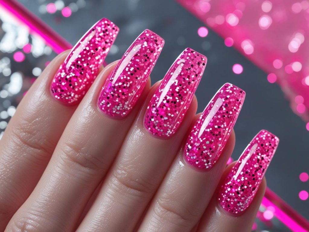 Neon Nails 2025: Vibrant Electric Trends for Stunning Manicures 10 “Neon glitter nail designs with pink sparkle for 2025.”