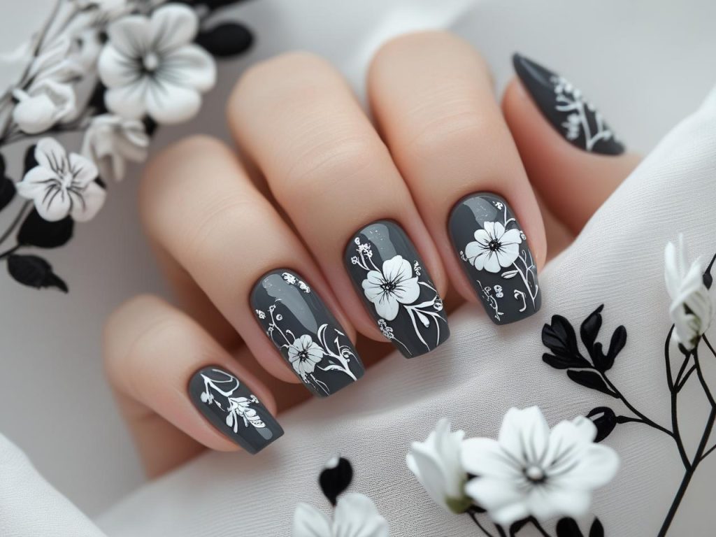 Black Nail Designs 2025: Bold and Edgy Trends for Stunning Manicures 10 “Black floral nail designs with white flowers for 2025.”