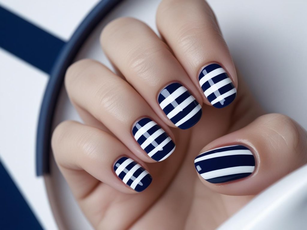 “Classic stripe easy nail designs with white stripes on navy.”