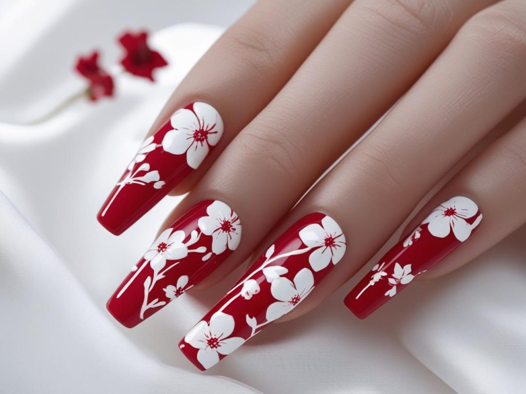 Red Nail Designs 2025: Bold and Timeless Trends for Stunning Manicures 6 “Red floral nail designs with white flowers for 2025.”