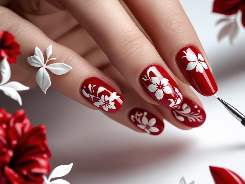 Red Nail Designs 2025: Bold and Timeless Trends for Stunning Manicures 7 “Creating red floral nail designs for 2025 inspiration.”