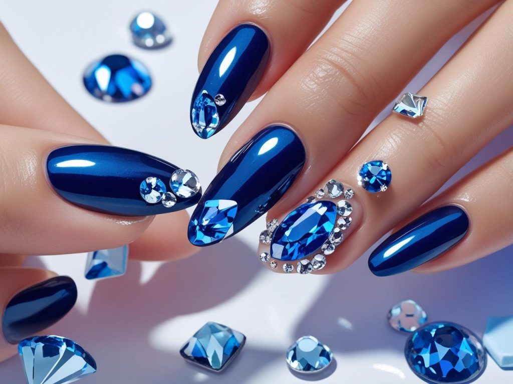 “Creating blue gemstone nail designs for 2025 inspiration.”