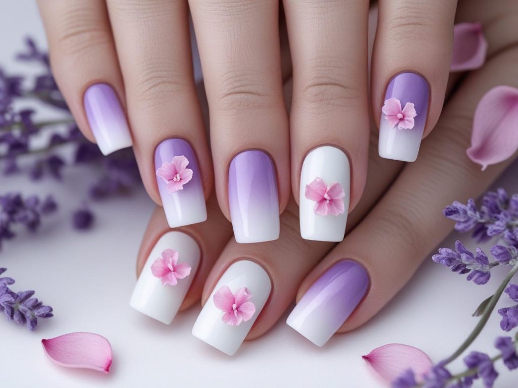 Ombre petal spring nail inspo designs with lavender-to-white gradient and pink petals