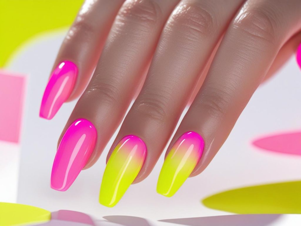 Neon Nails 2025: Vibrant Electric Trends for Stunning Manicures 4 “Neon gradient nail designs with pink to yellow blend for 2025.”