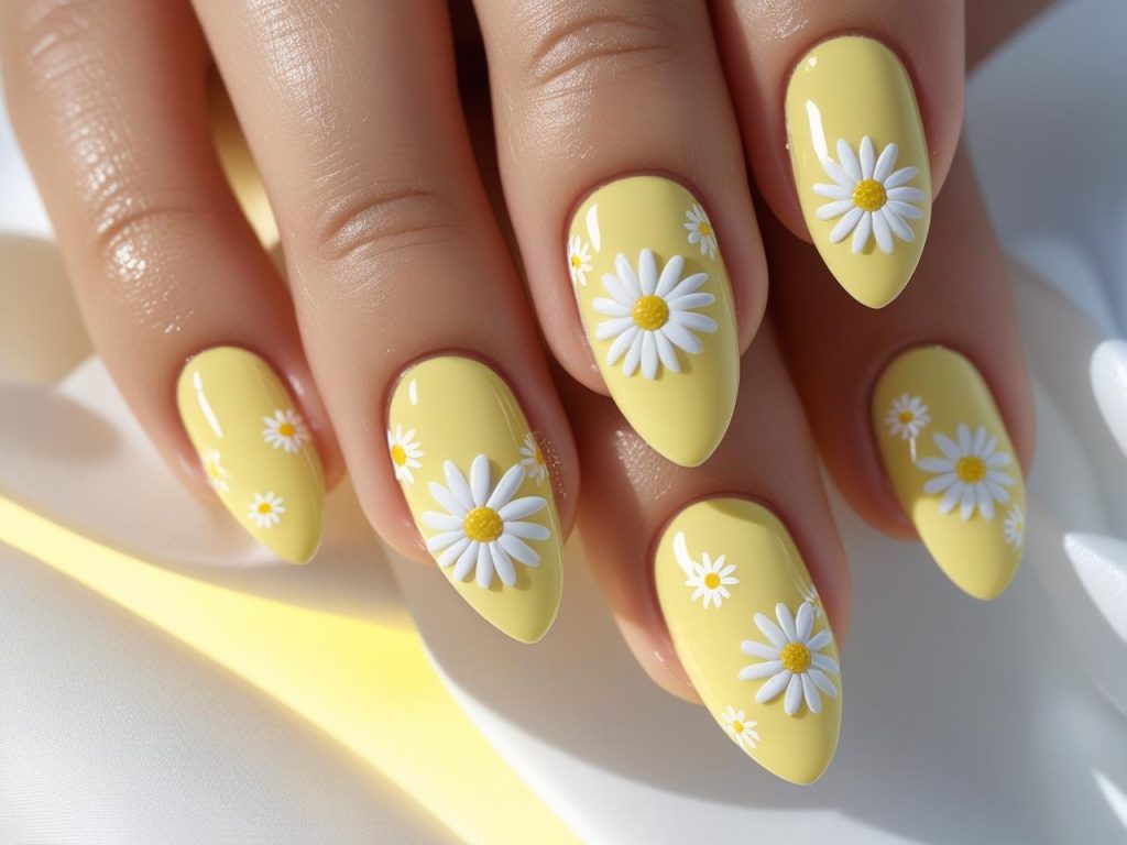 Pastel daisy spring nail inspo designs with white daisies on pastel yellow