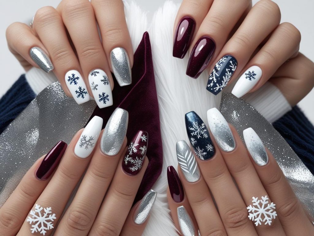 Winter Nail Inspo: Cozy and Glamorous Trends for Stunning Manicures 2 Winter nail inspo with classic snowflake, metallic shimmer, deep velvet, and ombre frost designs for Pinterest inspiration